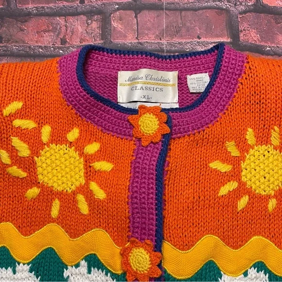 Vintage Marisa Christina XL 90s Hand Knit Beach Theme Pattern Cardigan Sweater - Picture 5 of 9